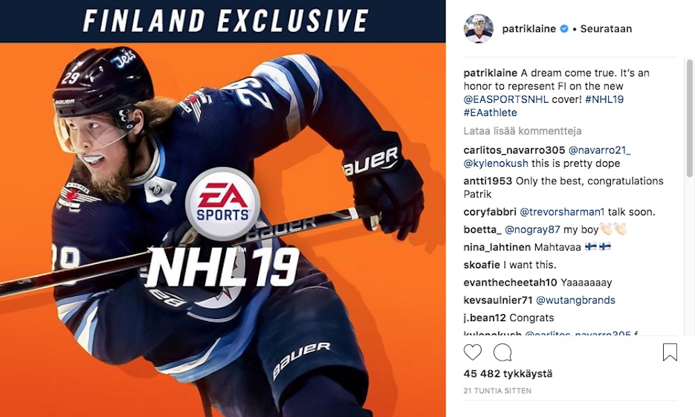 Patrik Laine valittiin NHL19-pelin kanteen, mitä tulee pelin suomalaisversioon.