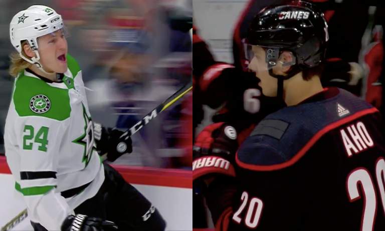 Roope Hintz ja Sebastian Aho iskivät viime yön NHL-kierroksella kaksi maalia mieheen ja johdattivat joukkueensa tahoillaan voittoihin.