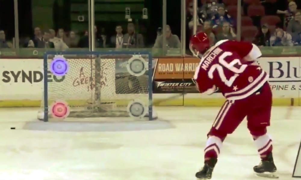 ECHL-pelaaja Tommy Marchin löi jauhot suuhun NHL-tähdille, kun hän kellotti tarkkuuslaukauskilpailussa mykistävän kovan ajan.