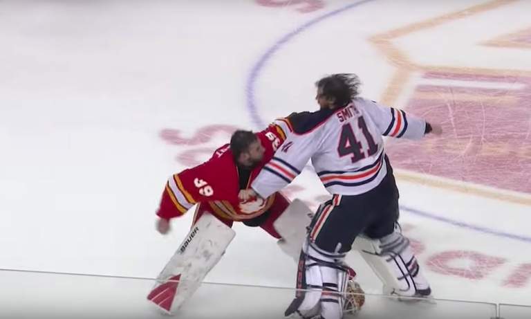 Flames-Oilers-ottelussa oli jälleen kerran täysi rähinä päällä: muun muassa maalivahdit Mike Smith ja Cam Talbot tappelivat.