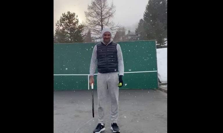 Tennistähti ei olosuhteista välitä ja harjoittelu jatkuu vaikka lunta tulisikin, nimittäin Roger Federer löi temppulyöntejä hirmuisessa lumisateessa.