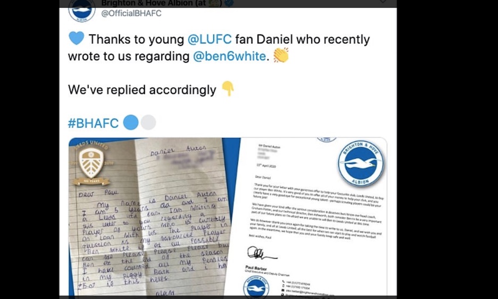 5-vuotias Leeds-fani lähetti Brightonin pomoille tarjouksen hänen lempipelaajastaan, ja tarjosi vielä omia rahojaan vaihtokauppaan.